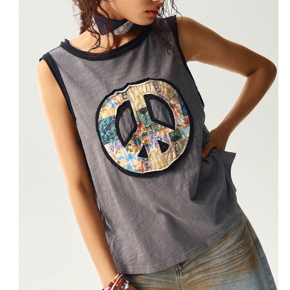 Boho Color block Floral print Peace Patchwork Tank Top - Picture 2 of 4